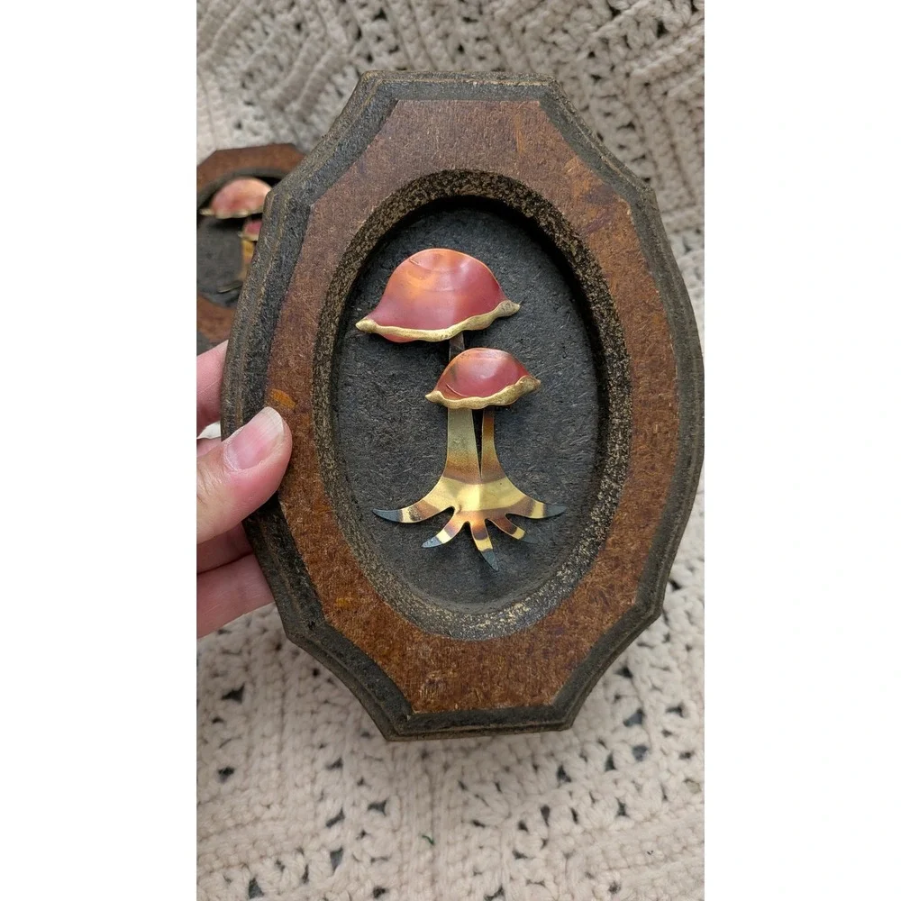 Vintage 70s Mushroom Leaf Metal Wood Wall Art Plaques Set of 2 MCM Boho Decor